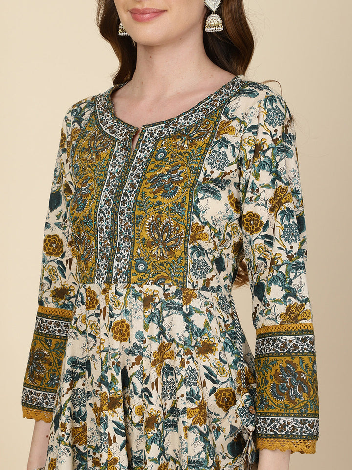 Floral Printed Cotton Kurta With Pants &amp; Dupatta