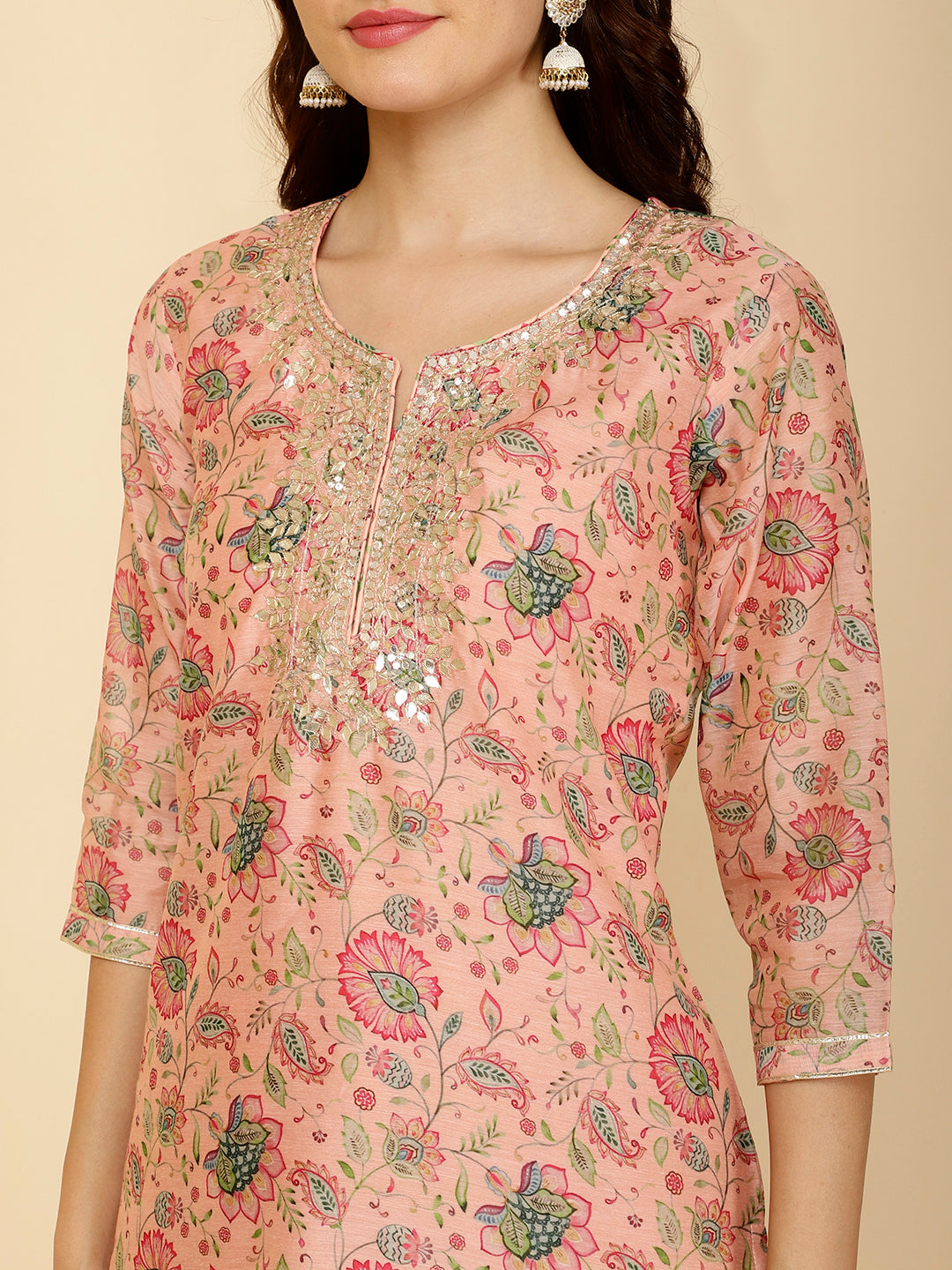 Floral Printed Chanderi Kurta With Pants &amp; Dupatta