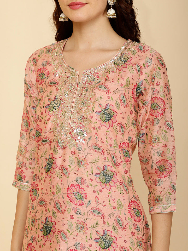 Floral Printed Chanderi Kurta With Pants &amp; Dupatta