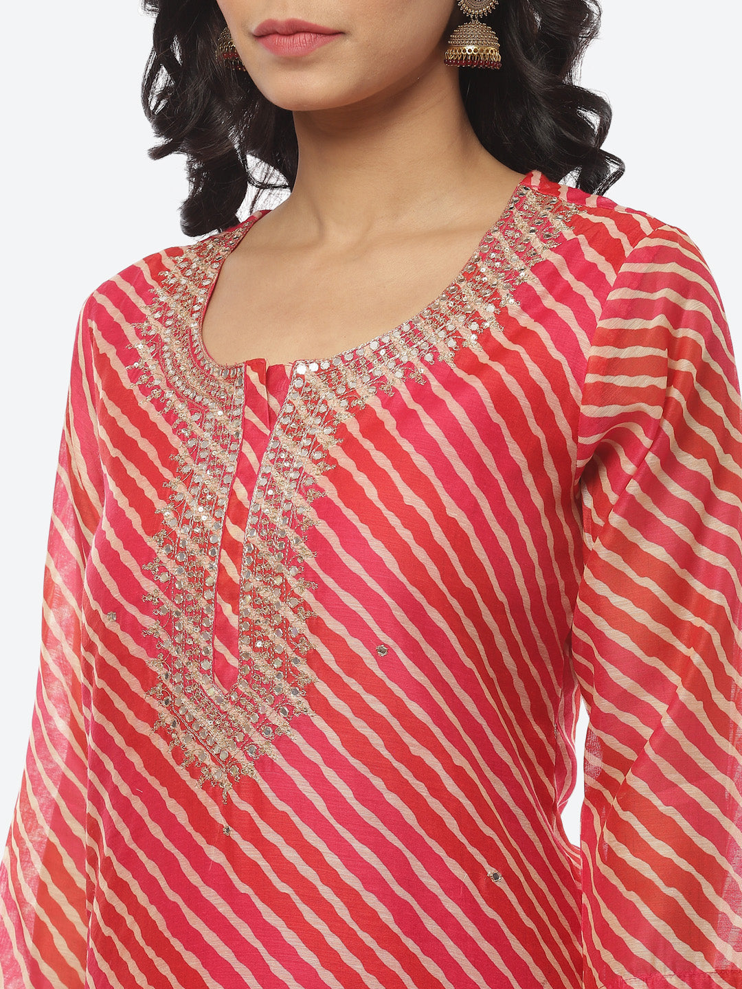 Printed Neck Embroidered Chanderi Kurti With Pant