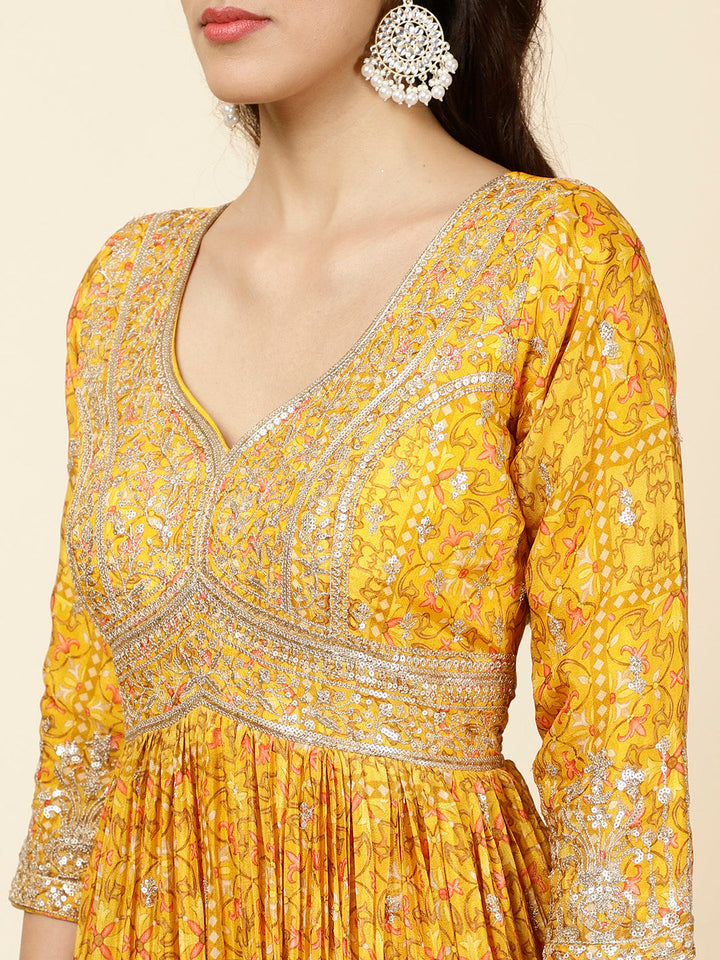 Floral Printed Crepe Kurta With Churidar &amp; Dupatta