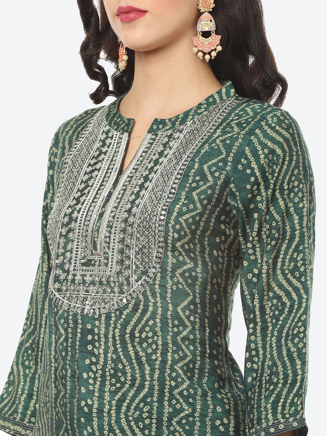 Zari Embroidered Bandhej Printed Muslin Kurti With Pant