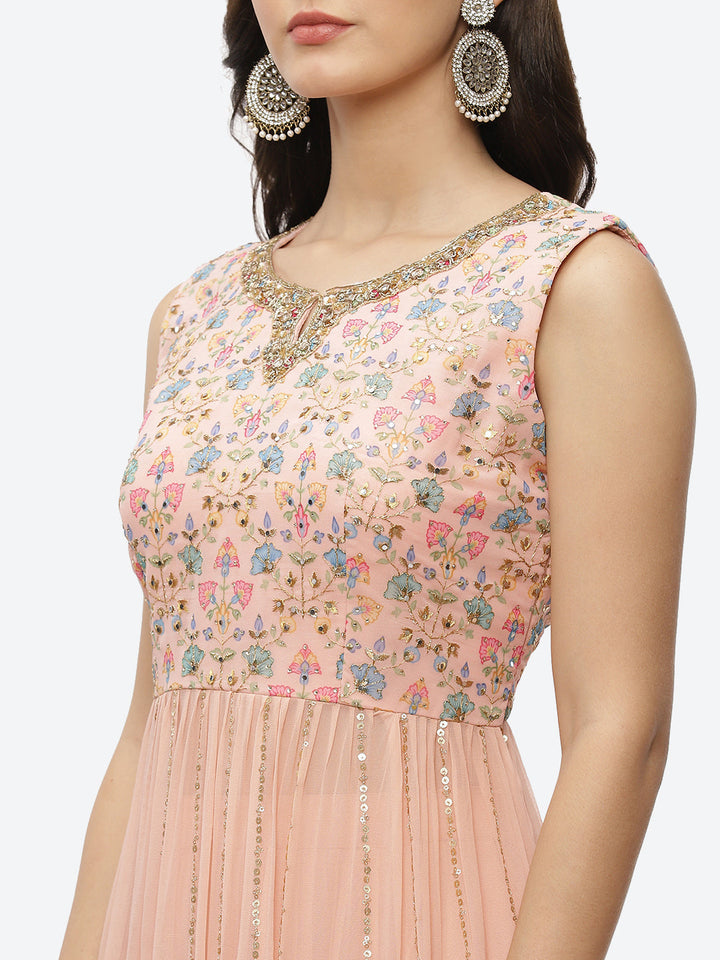 Zari Embroidered Georgette Kurta With Palazzo &amp; Dupatta