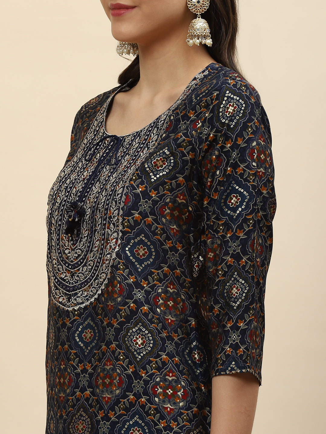Zari Neck Embroidered &amp; Printed Muslin Kurta With Pants