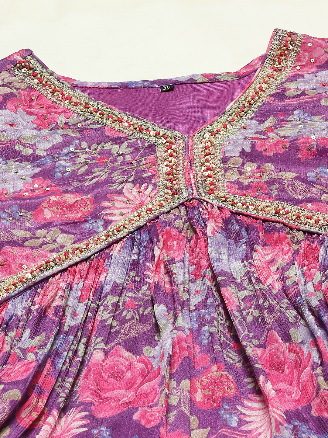 Floral Printed Chinnon Kurti With Garara &amp; Dupatta