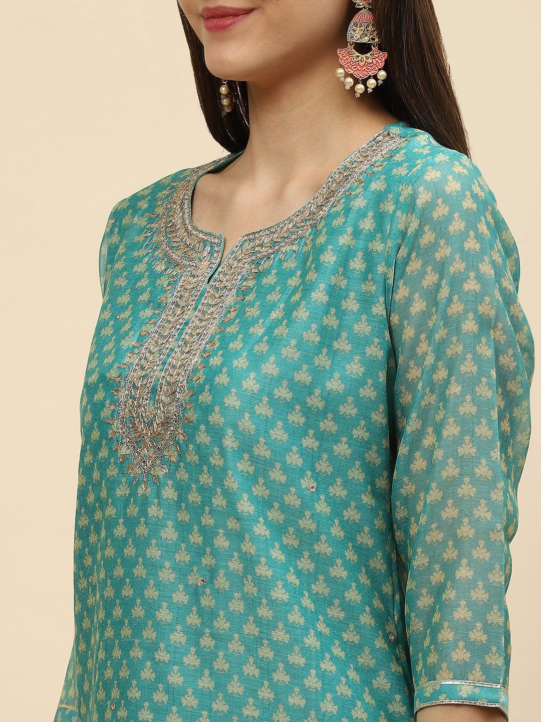 Gota Neck &amp; Printed Chanderi Kurta With Pants
