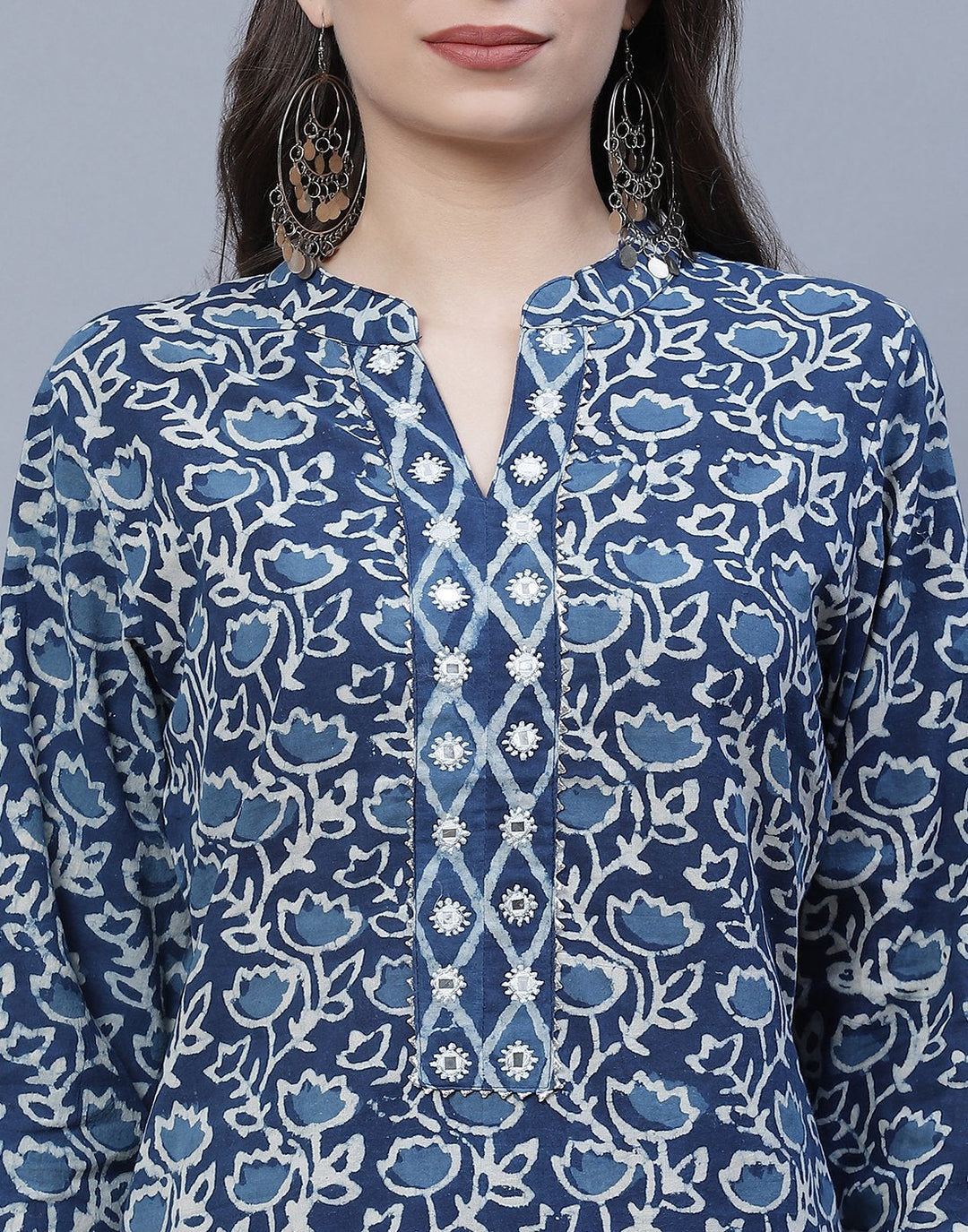 Indigo Cotton Printed Kurti Pant Set
