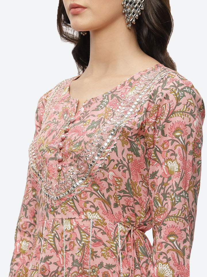 Gota Work Printed Cotton Anarkali Kurta With Pant