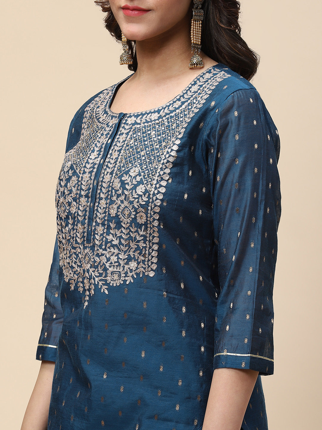Neck Embroidered Woven Chanderi Kurta With Skirt