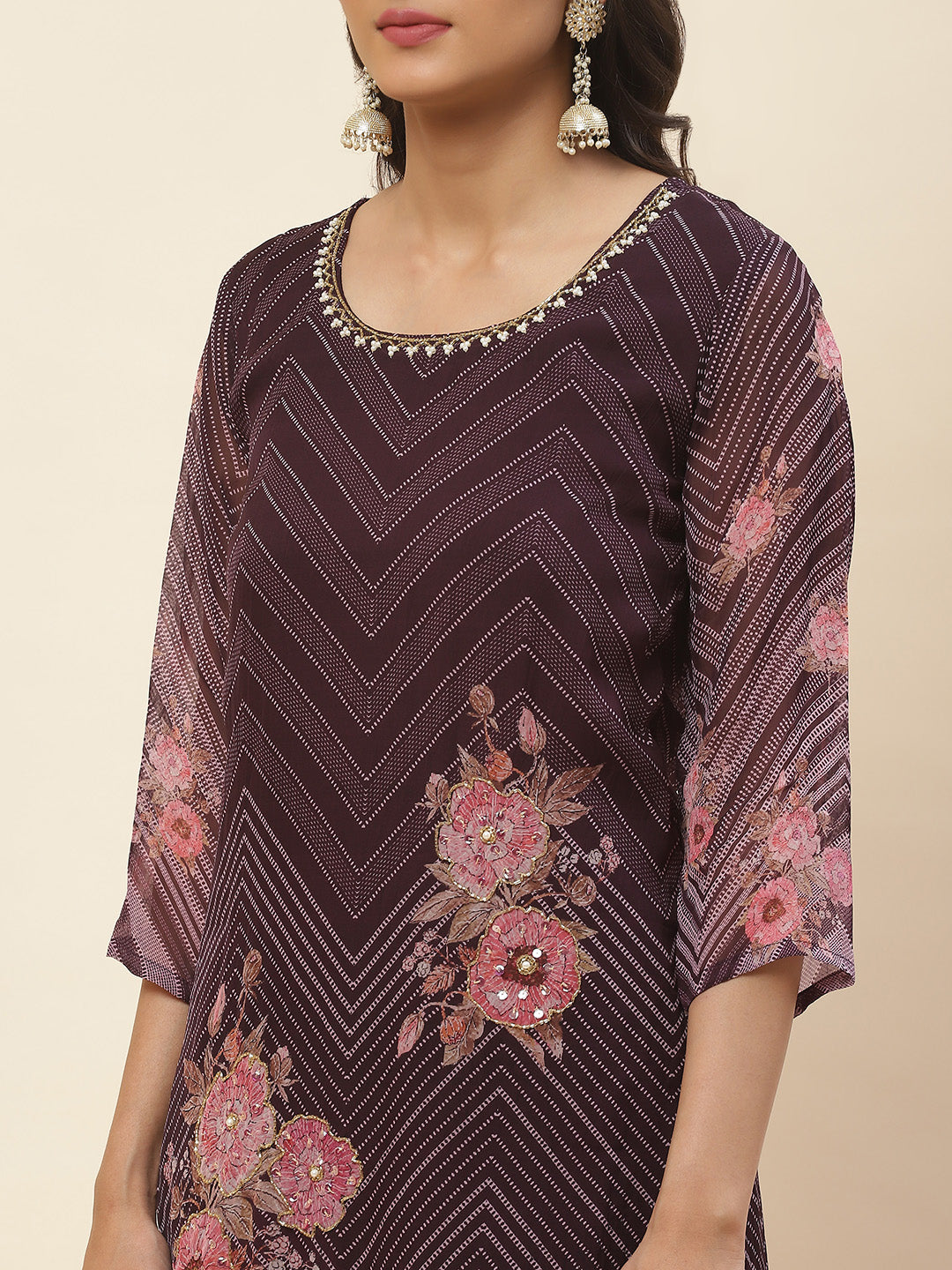 Floral Printed Georgette Kurta With Pants &amp; Dupatta