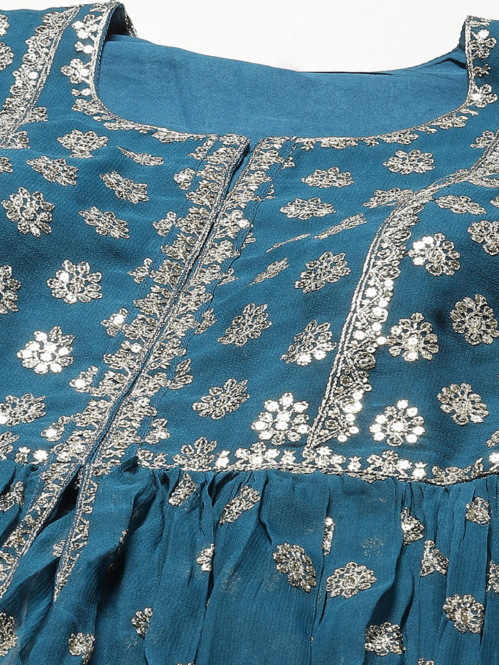 Sequin Embroidered Georgette Kurta With Sharara &amp; Dupatta