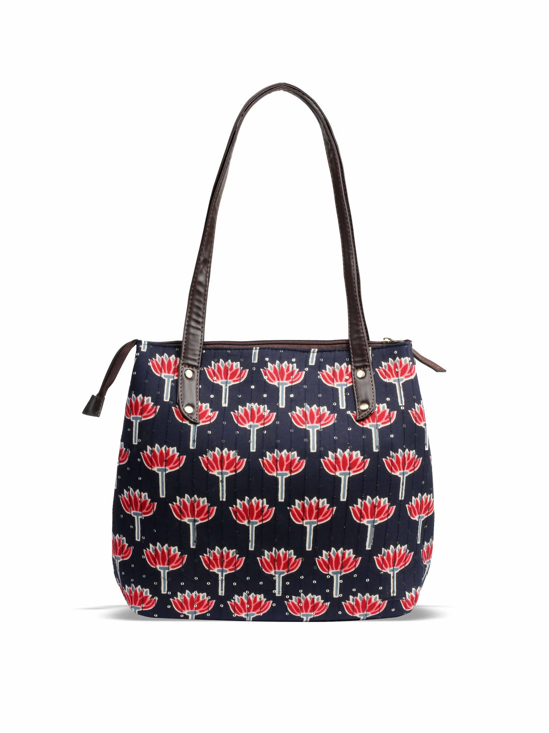 Navy Blue Printed Cotton Handbag With Pouch