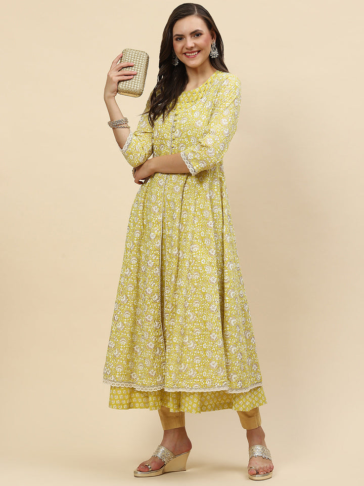 Floral Printed Cotton Anarkali Kurta With Jacket