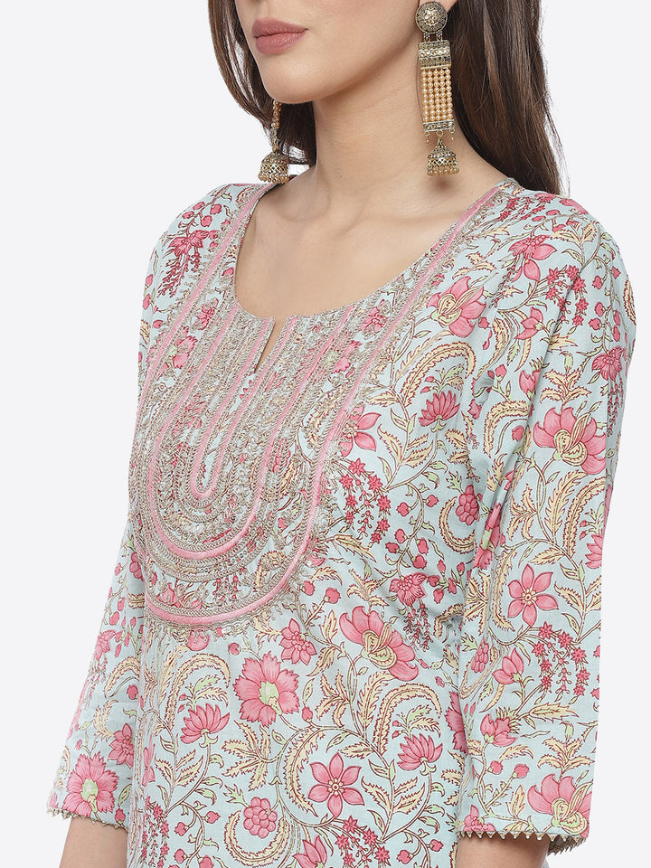 Zari Neck Embroidered Cotton Kurta With Pant