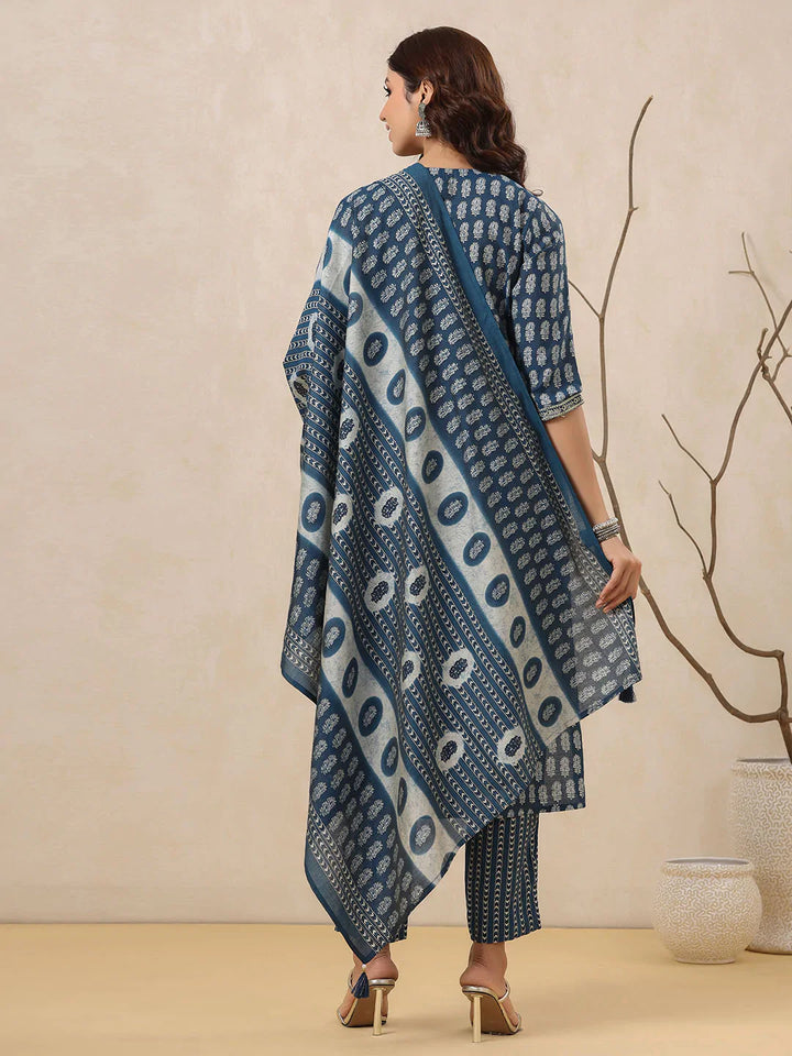 Block Printed Muslin Kurta With Pants &amp; Dupatta