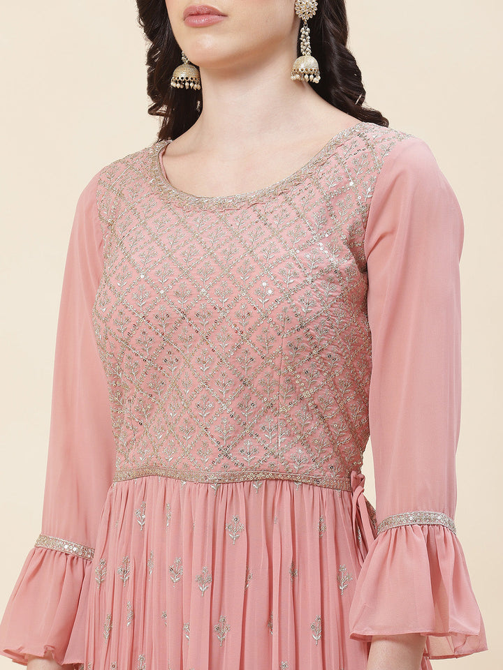 Zari Embroidered Booti Georgette Kurta With Palazzo &amp; Dupatta