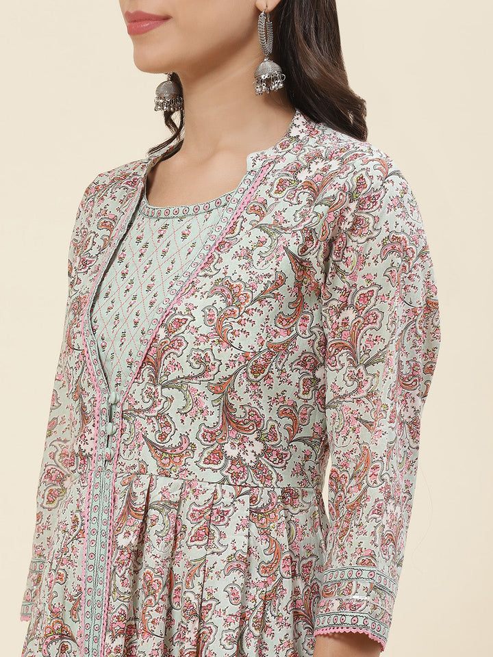 Floral Printed Cotton Kurta With Pants &amp; Dupatta