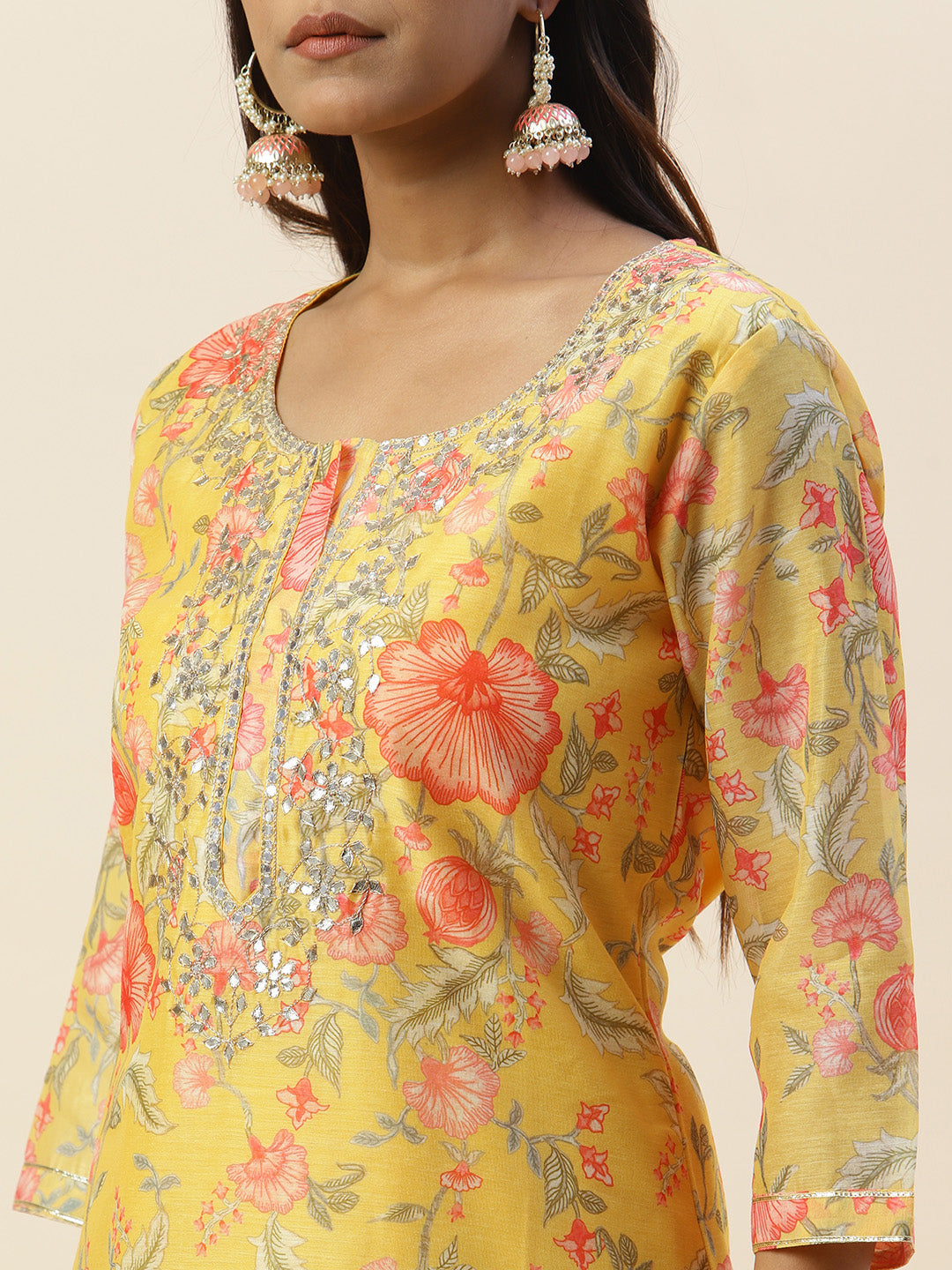 Printed &amp; Yoke Embroidered Chanderi Kurta With Pants