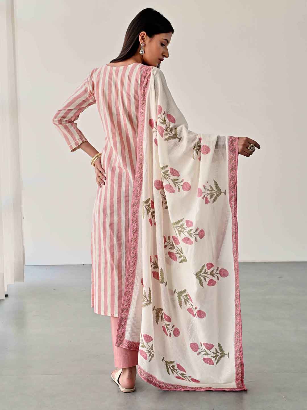 Printed Cotton Kurta With Pants &amp; Dupatta
