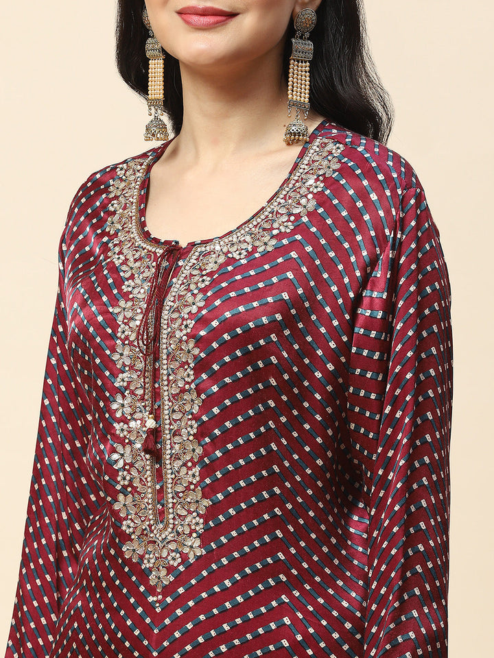 Printed With Yoke Embroidered Satin Kurta