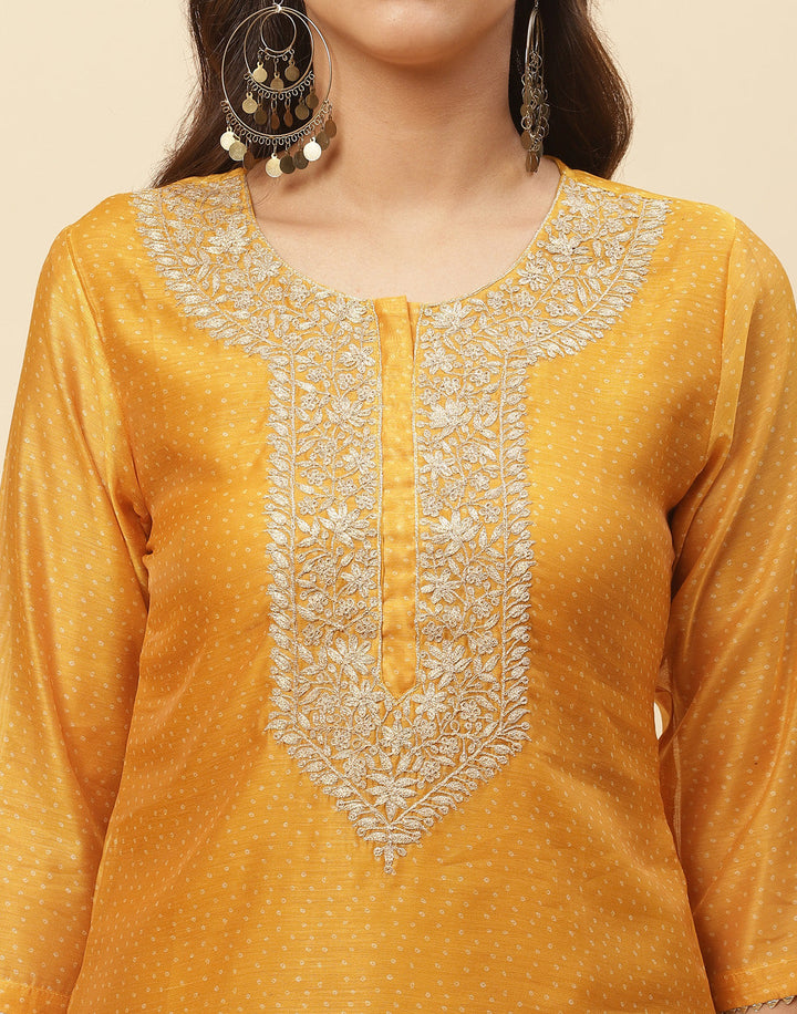 Neck Embroidered Chanderi Kurti With Pant