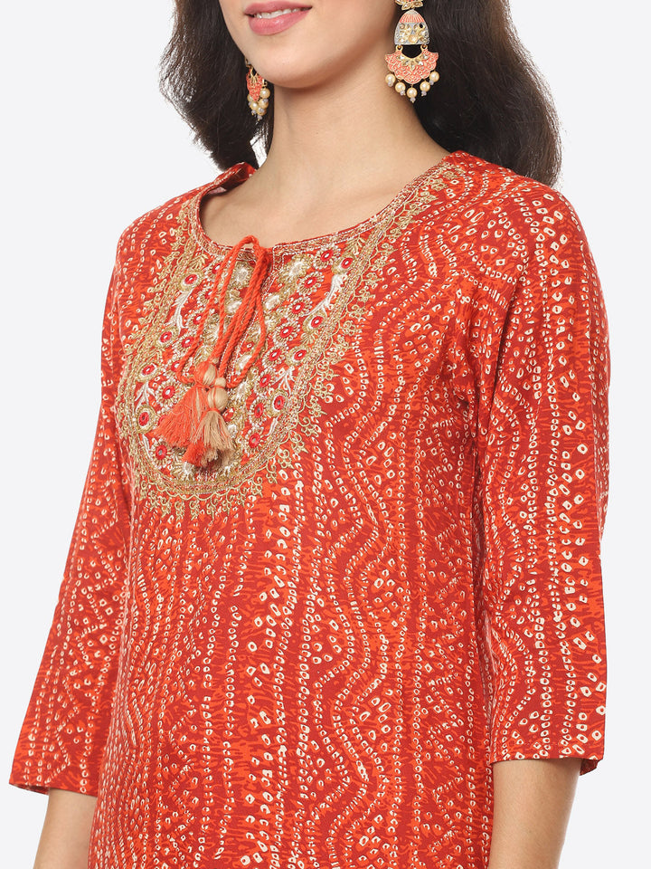 Yoke Embroided Bandhani Printed Cotton Kurti