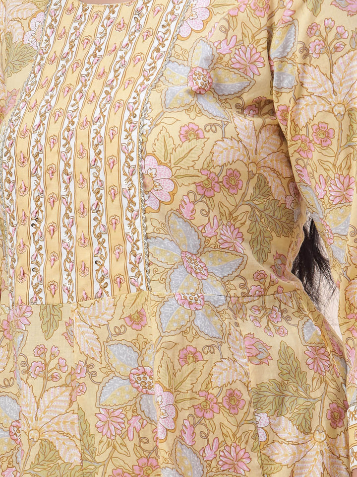 Floral Printed Cotton Kurta With Pants &amp; Dupatta