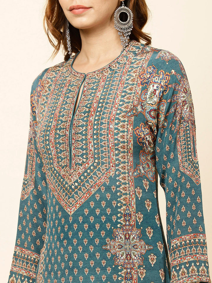 Digitally Printed Crepe Kurta With Palazzo &amp; Dupatta
