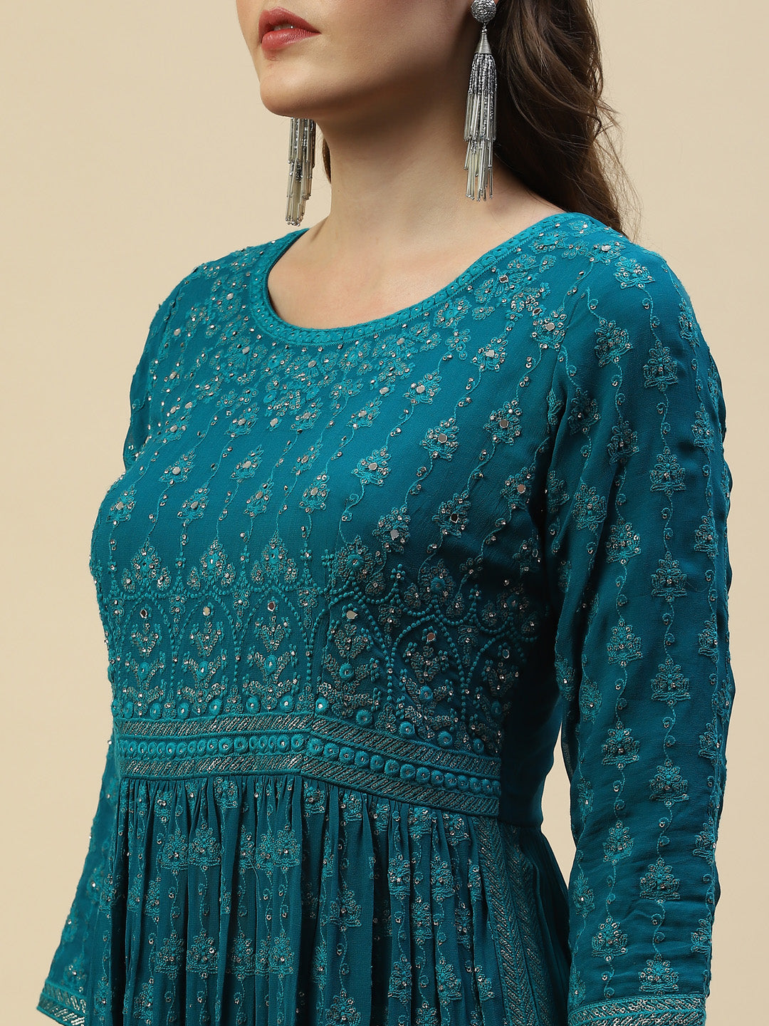 Embroidered Georgette Kurta With Palazzo &amp; Dupatta