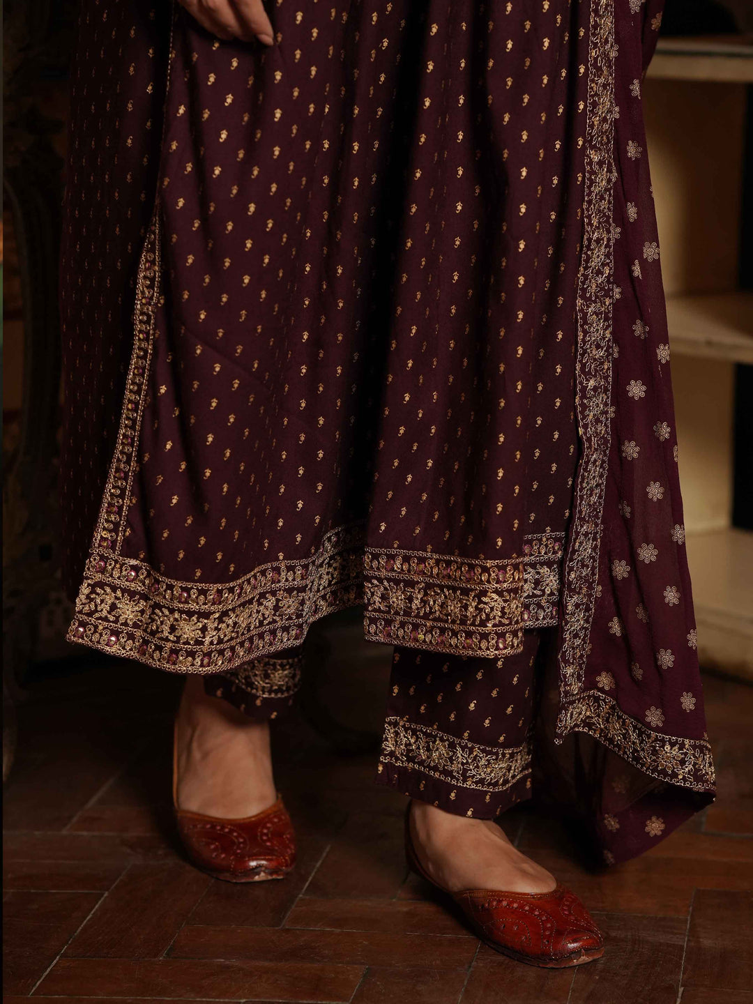 Neck Embroidered Cotton Kurta With Palazzo &amp; Dupatta