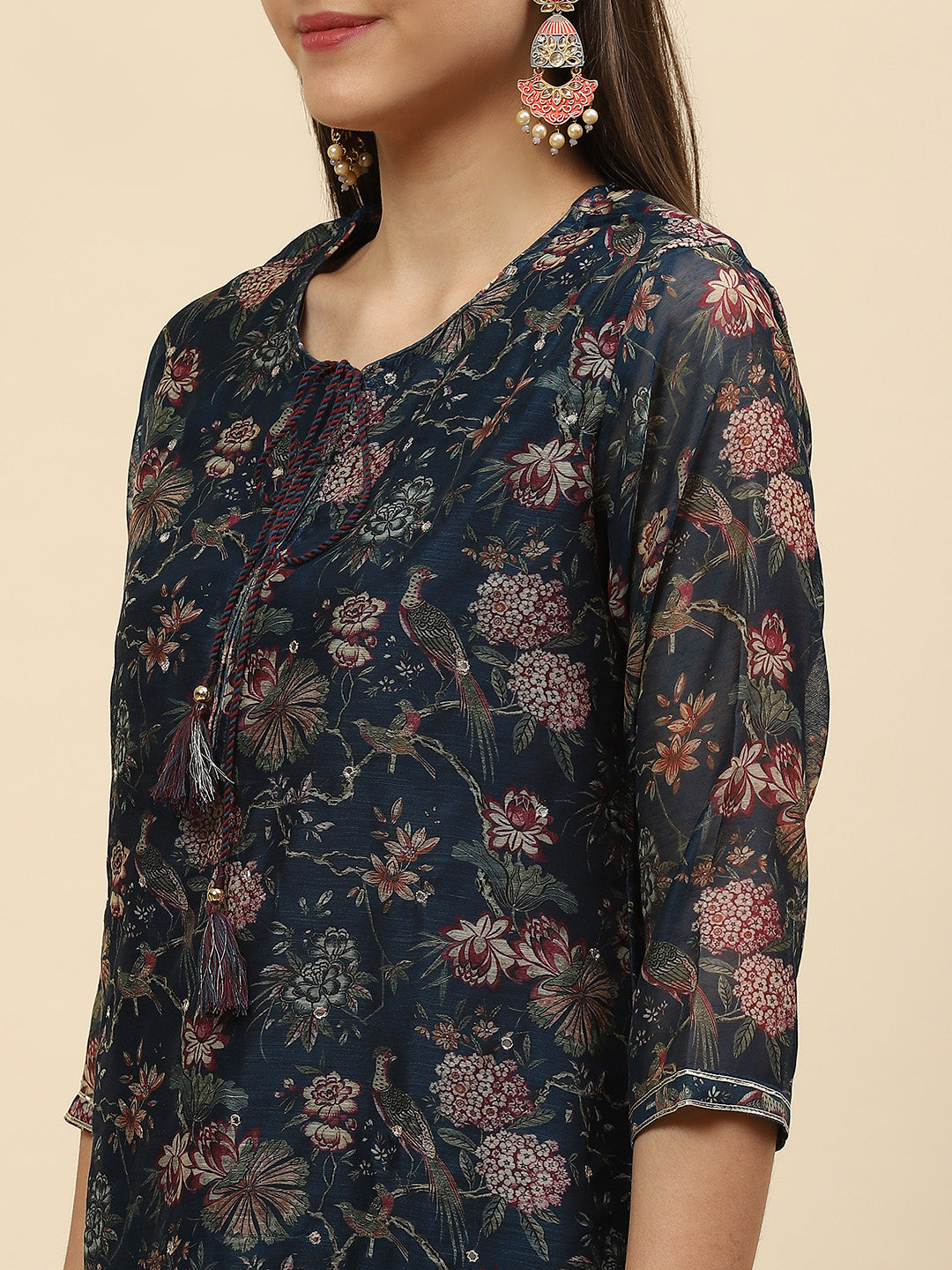 Floral Printed Chanderi Kurta With Pants