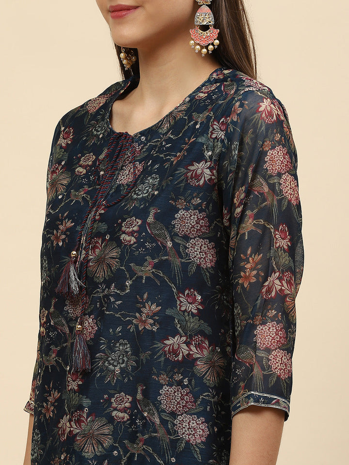 Floral Printed Chanderi Kurta With Pants