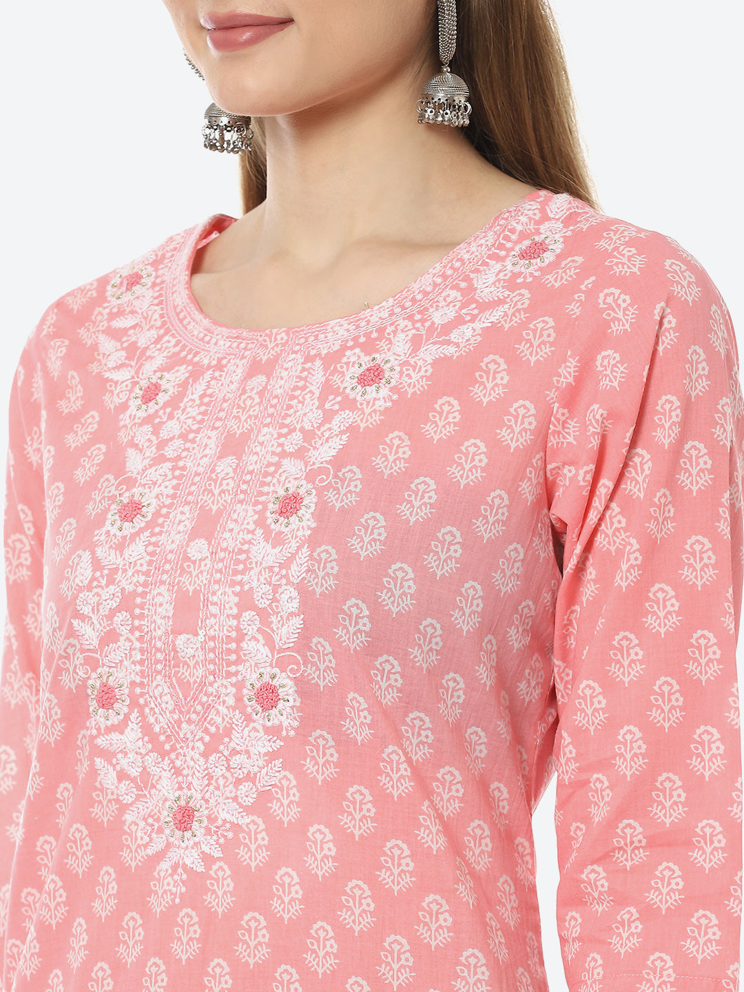 Resham Neck Booti Cotton Kurta With Pant &amp; Cotton Dupatta