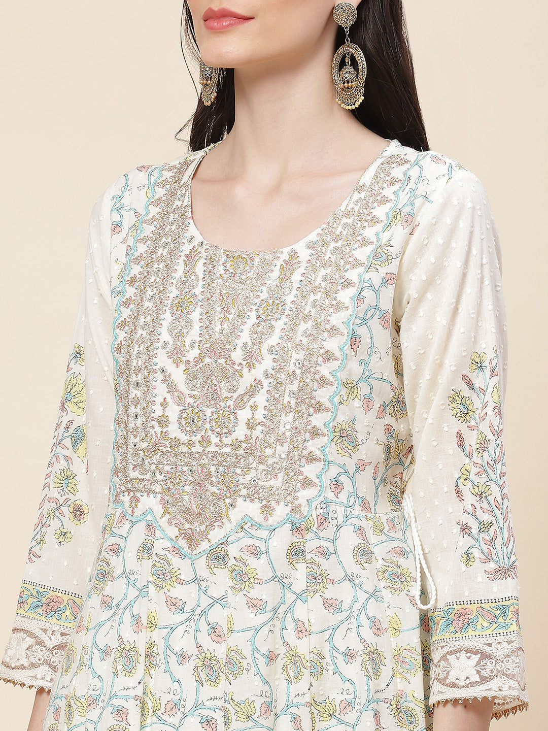 Floral Printed Cotton Kurta With Pants &amp; Dupatta