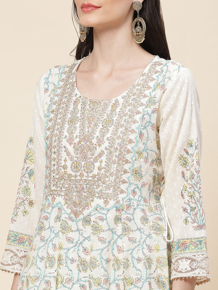 Floral Printed Cotton Kurta With Pants &amp; Dupatta