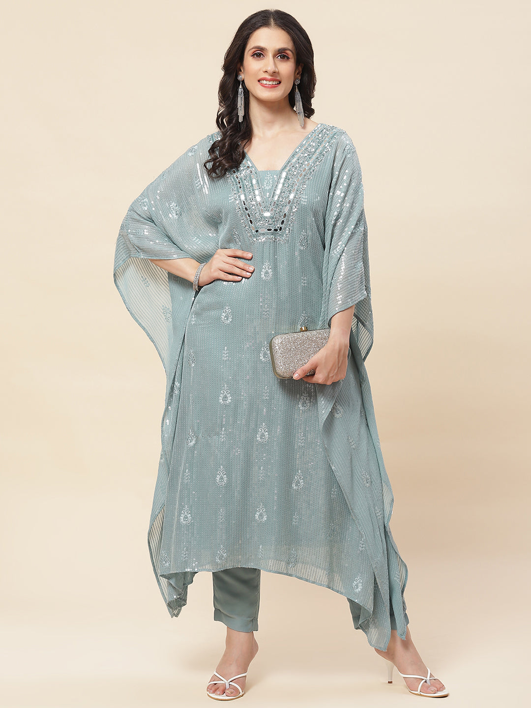 Sequin Embroidered Georgette Kurta With Pants