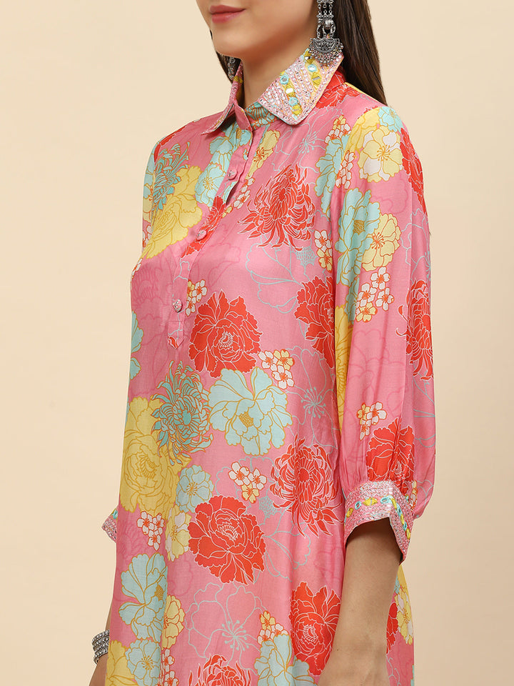 Floral Printed Muslin Kurta With Pants