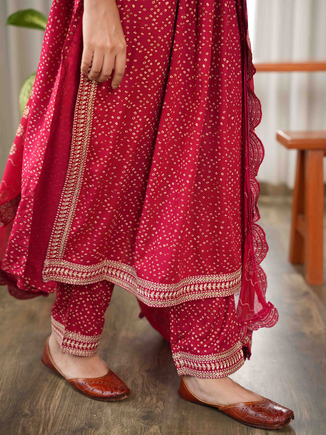 Bandhani Embroidered Rayon Kurta With Pants &amp; Dupatta