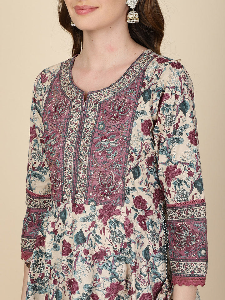 Floral Printed Cotton Kurta With Pants &amp; Dupatta
