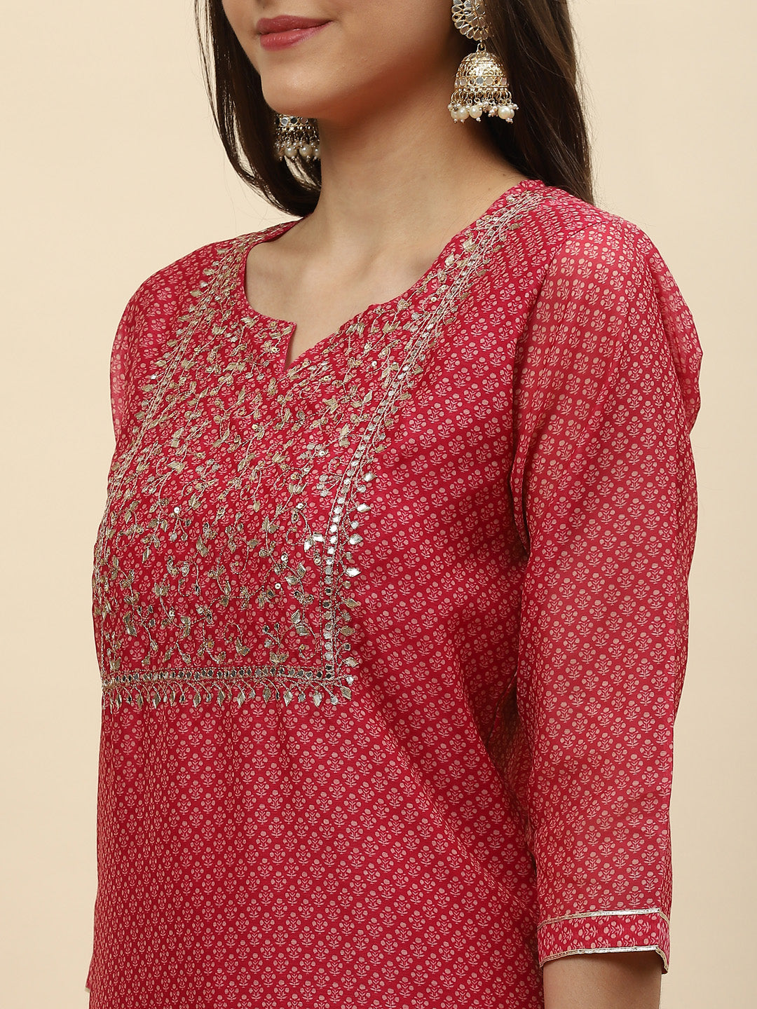 Neck Embroidered &amp; Floral Printed Chanderi Kurta With Pants