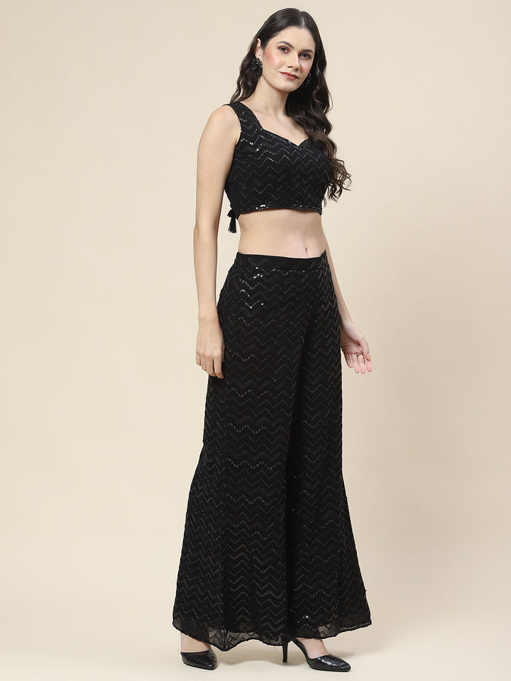 Sequin Embroidered Georgette Top Jacket With Palazzo &amp; Dupatta
