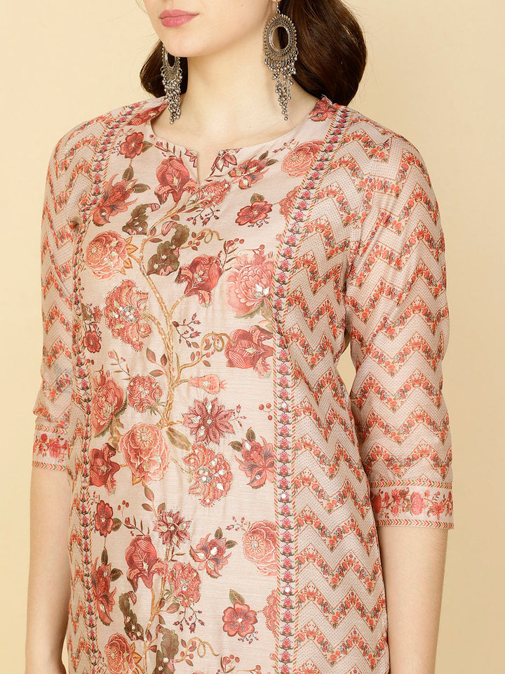 Floral Printed Chanderi Kurta With Pants &amp; Dupatta