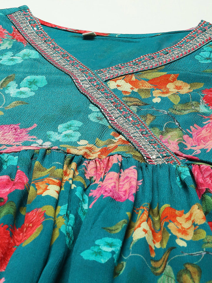 Floral Printed Chiffon Kurta With Pants &amp; Dupatta