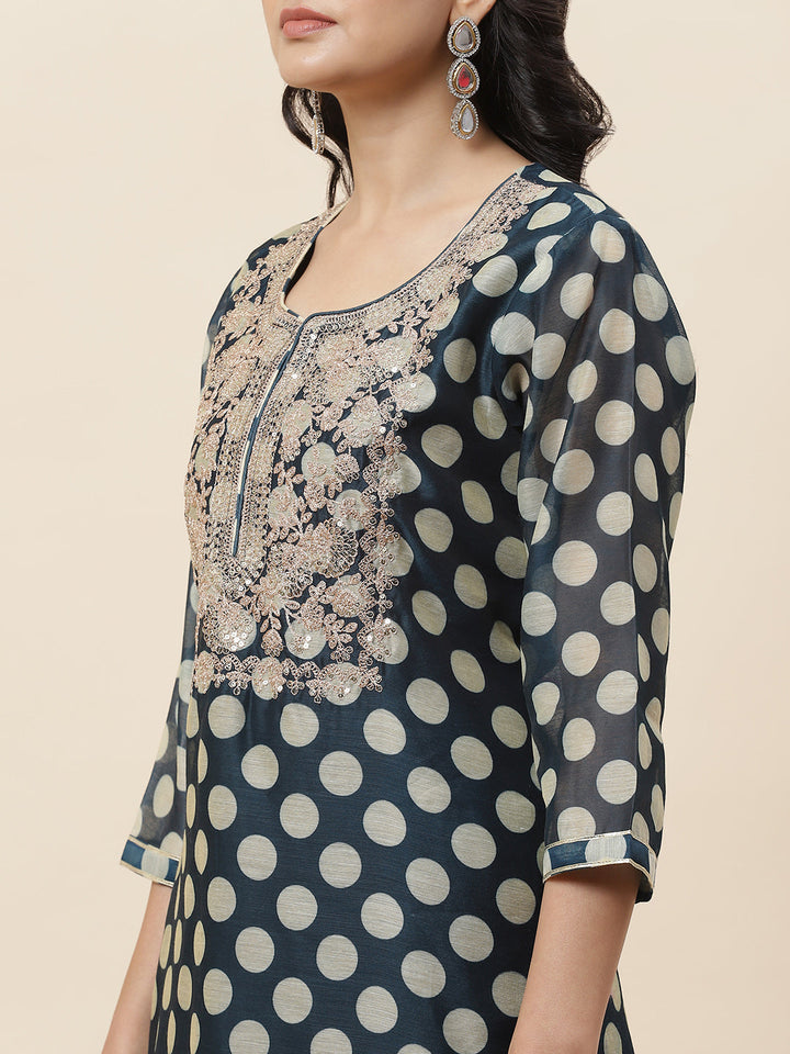Polka Dot Printed Chanderi Kurta With Pants &amp; Dupatta