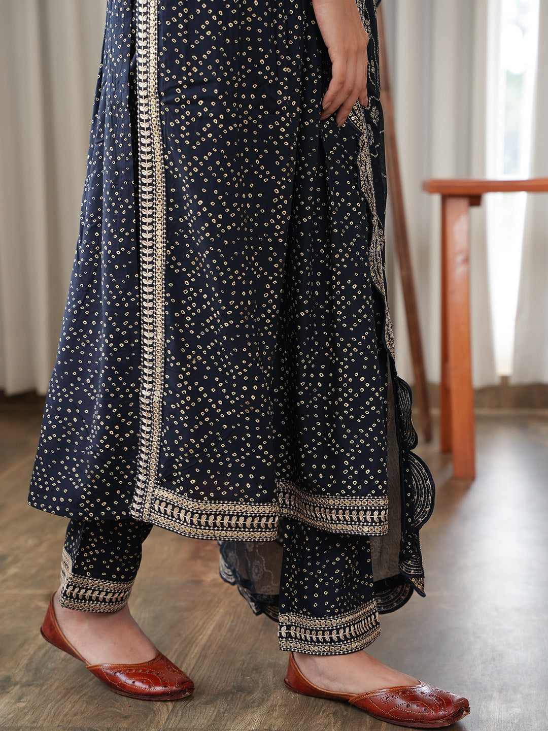 Bandhani Embroidered Rayon Kurta With Pants &amp; Dupatta
