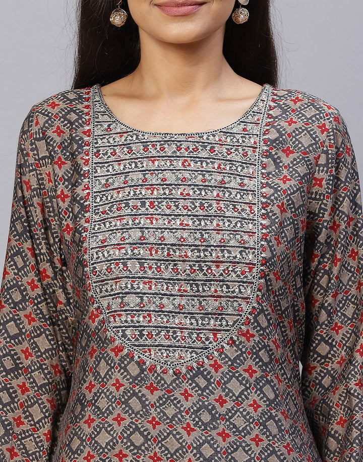 Yoke Embroidered Cotton Printed Kurti Pant Set