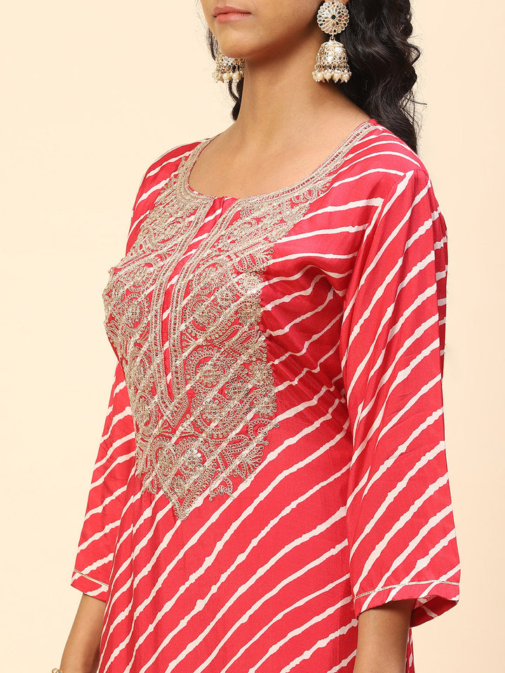 Neck Embroidered Leheriya Printed Cotton Kurta With Pants