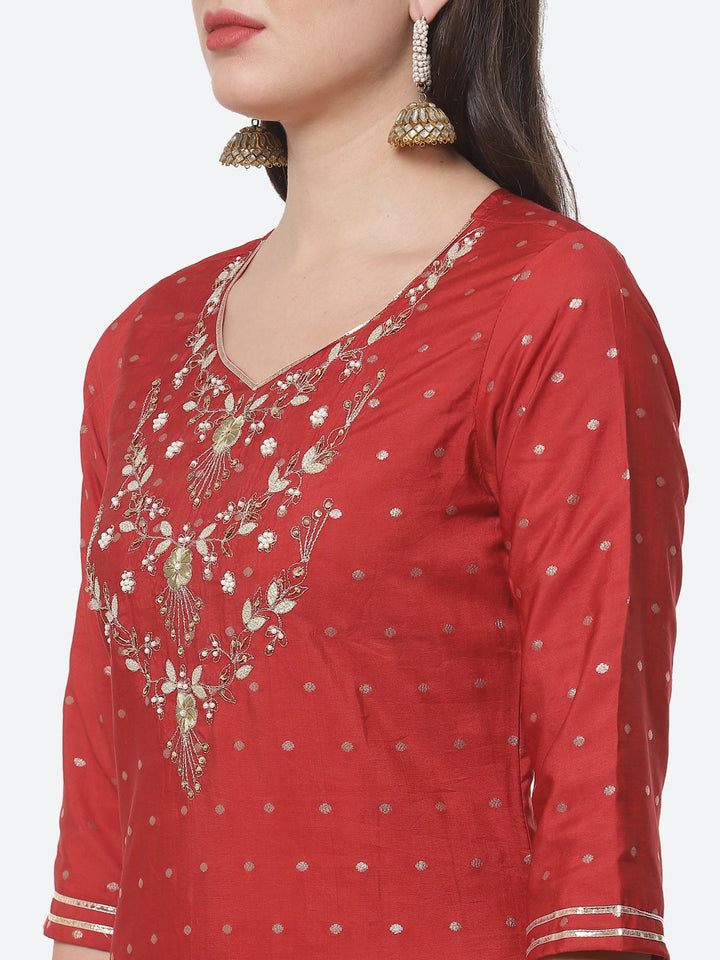 Embroidered Cotton Kurti With Pant And Dupatta