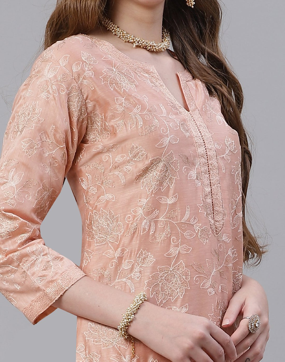 Peach and Sea Green Cotton Chanderi Salwar Kameez Stitched Suit