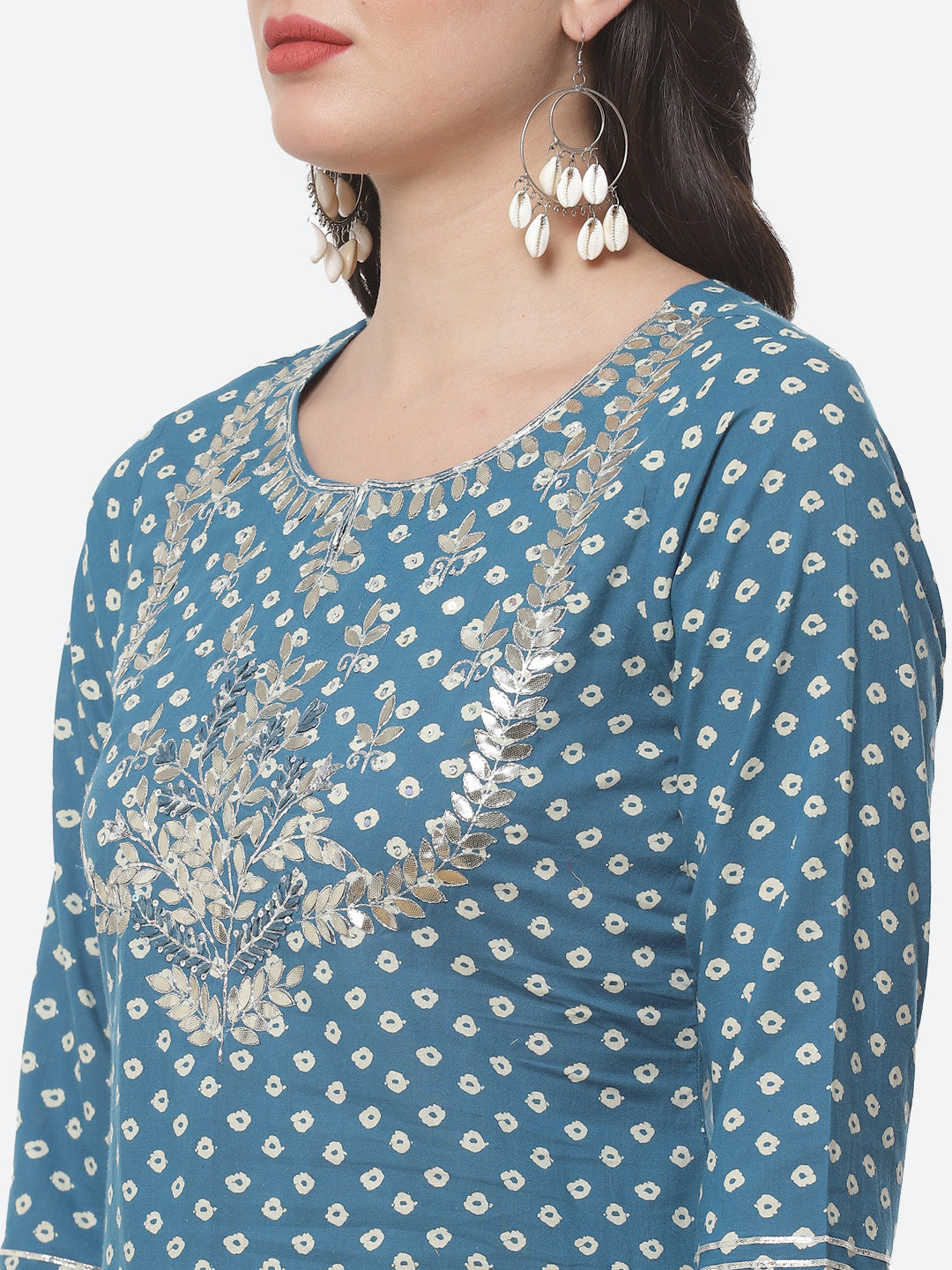 Printed Gota Work Cotton Kurti With Bandhani Printed Skirt